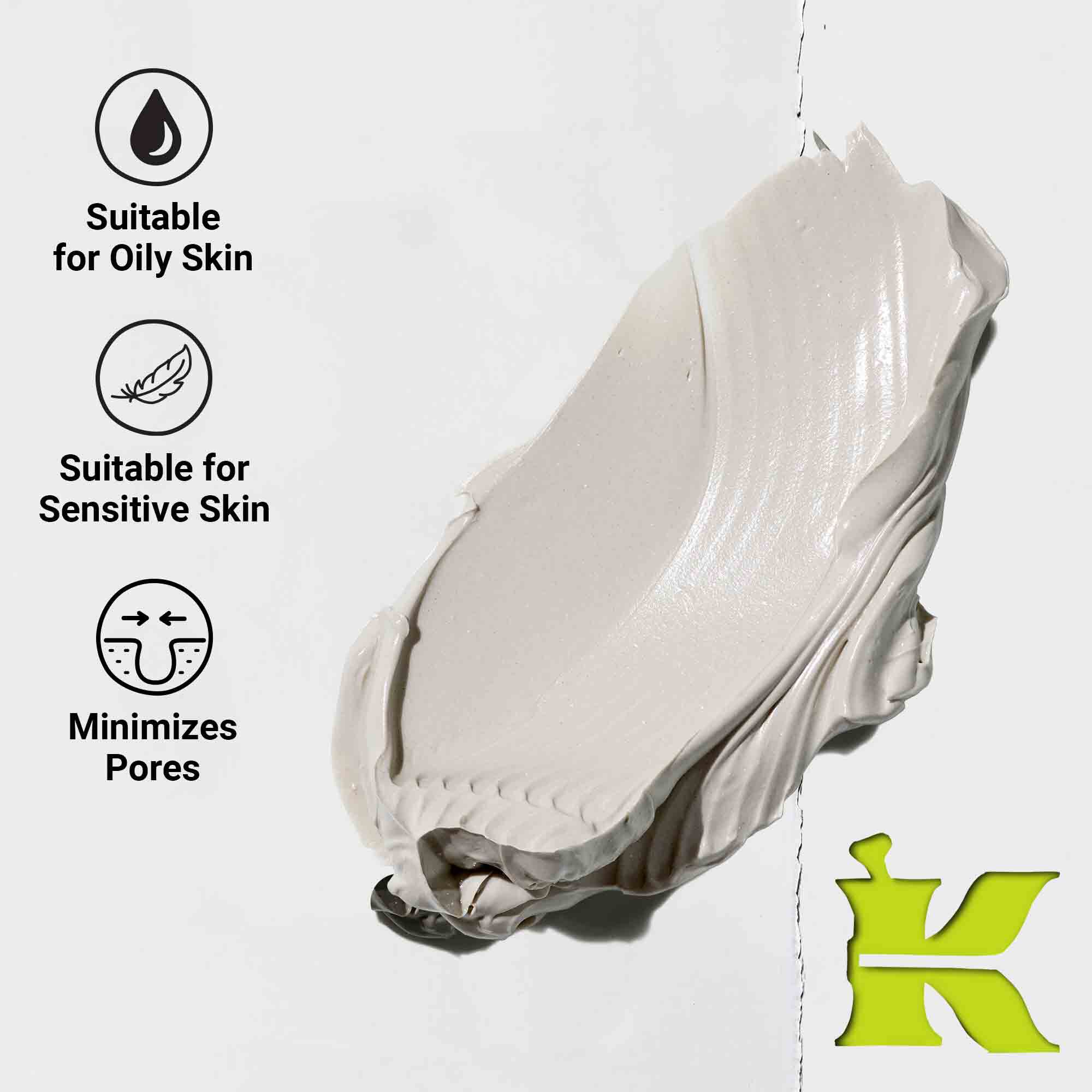 Foto van de textuur met iconen die aangeven dat het porien vermindert, natuurlijke ingredienten bevat en geschikt is voor alle huidtypes