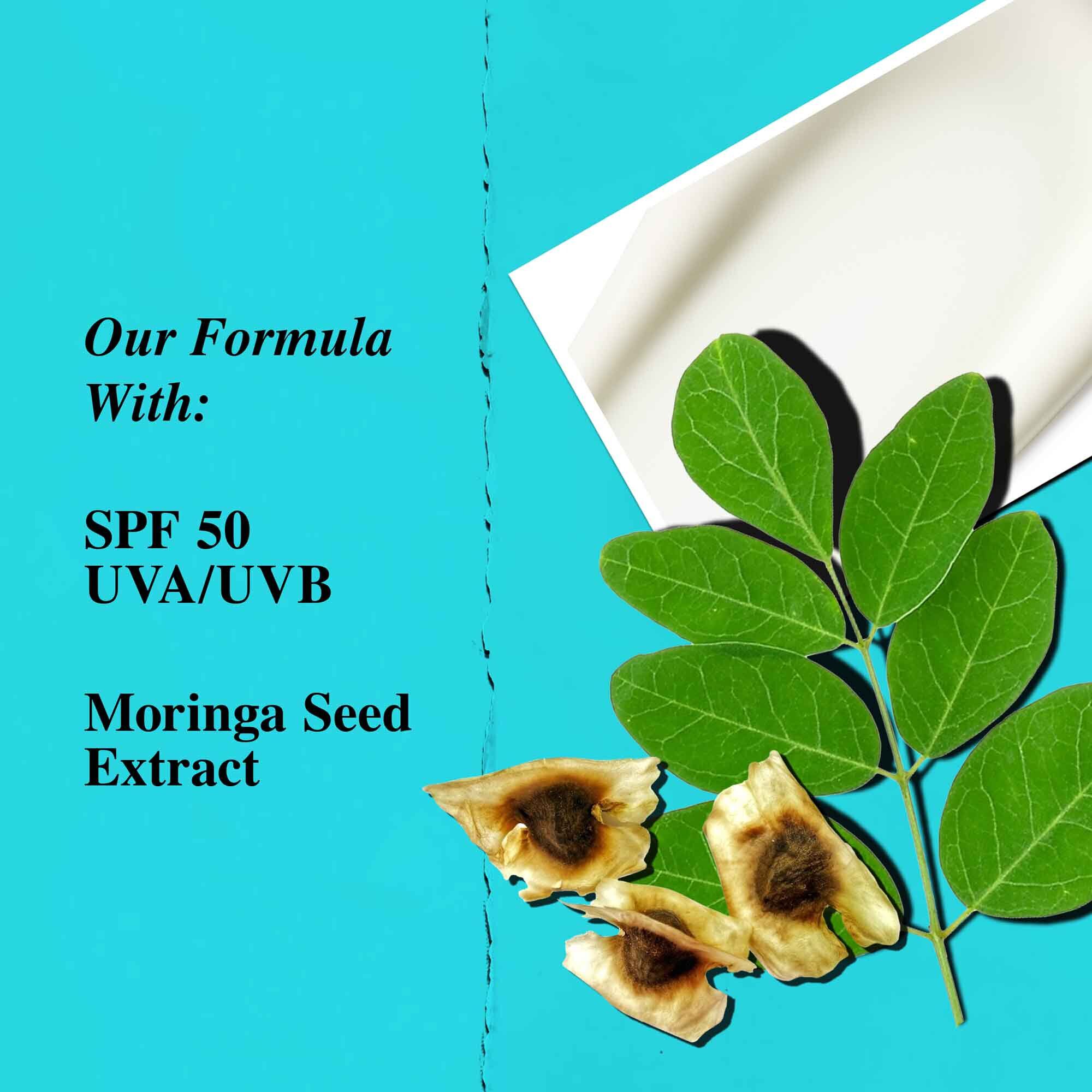 Un graphique mettant en avant les ingredients cles de l'Ultra Light Daily UV Defense Aqua Gel, incluant le SPF 50 et l'extrait de graines de moringa.