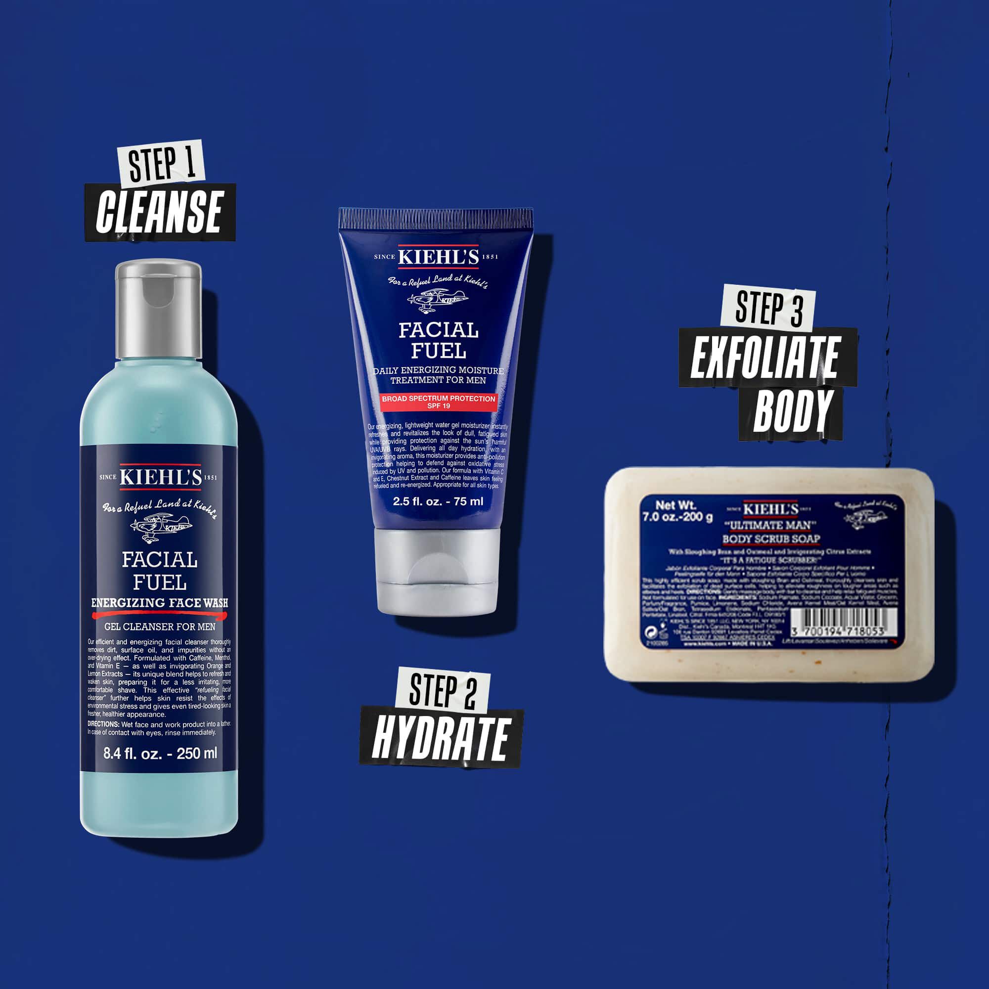 Trois produits Kiehl's representant une routine. De gauche a droite : Facial Fuel Cleanser, Facial Fuel Moisturizer et Ultimate Man Body Scrub Soap.