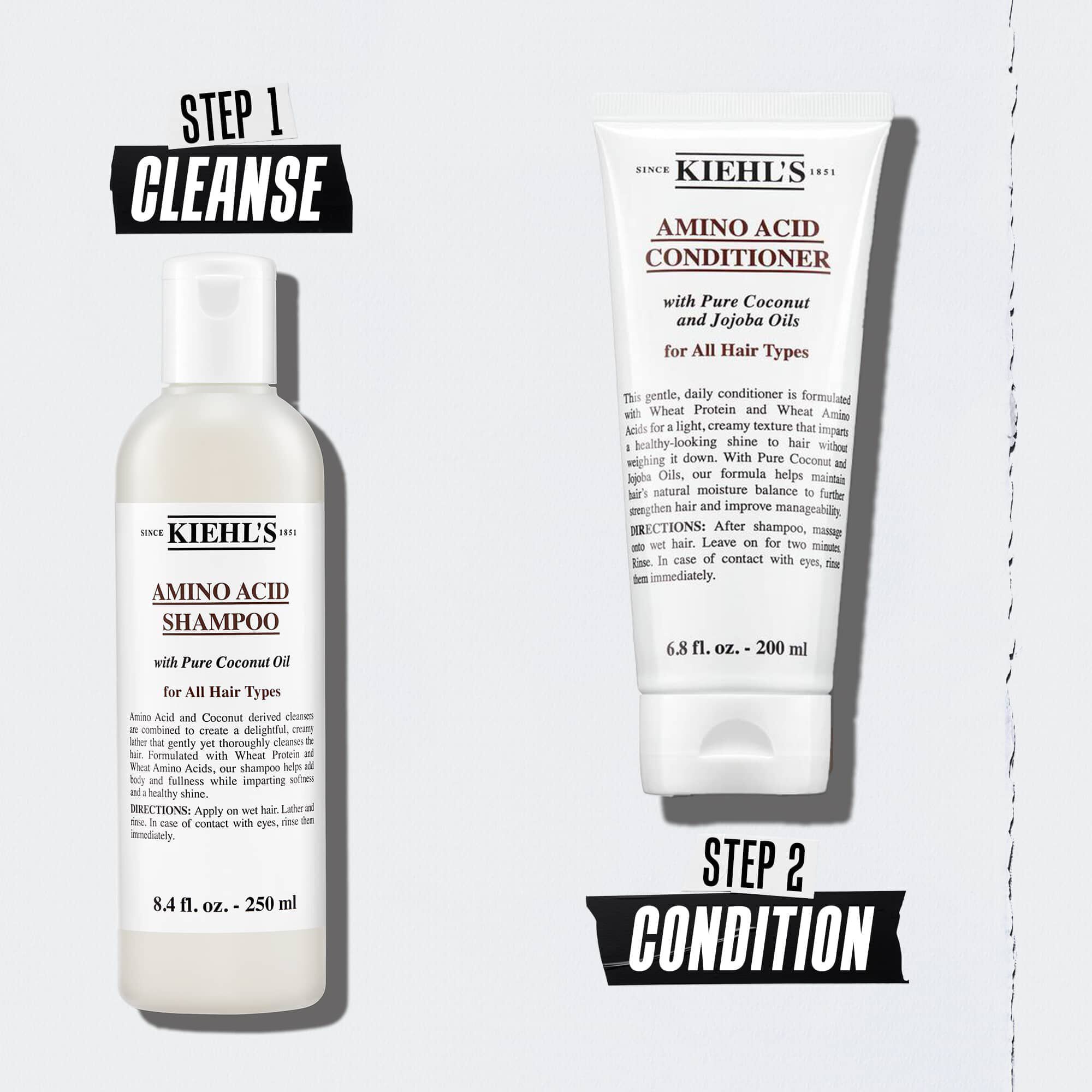 Illustratie van de Kiehl's Amino Acid haarverzorgingsroutine met flessen – Stap 1 Reinigen, Stap 2 Conditioneren