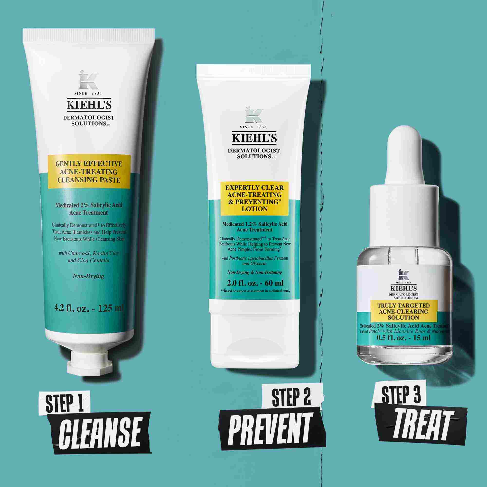 Une routine anti-imperfections en trois etapes avec les produits Kiehl's. Etape 1 : Pate nettoyante traitante. Etape 2 : Lotion traitante et preventive. Etape 3 : Solution ciblee anti-imperfections.