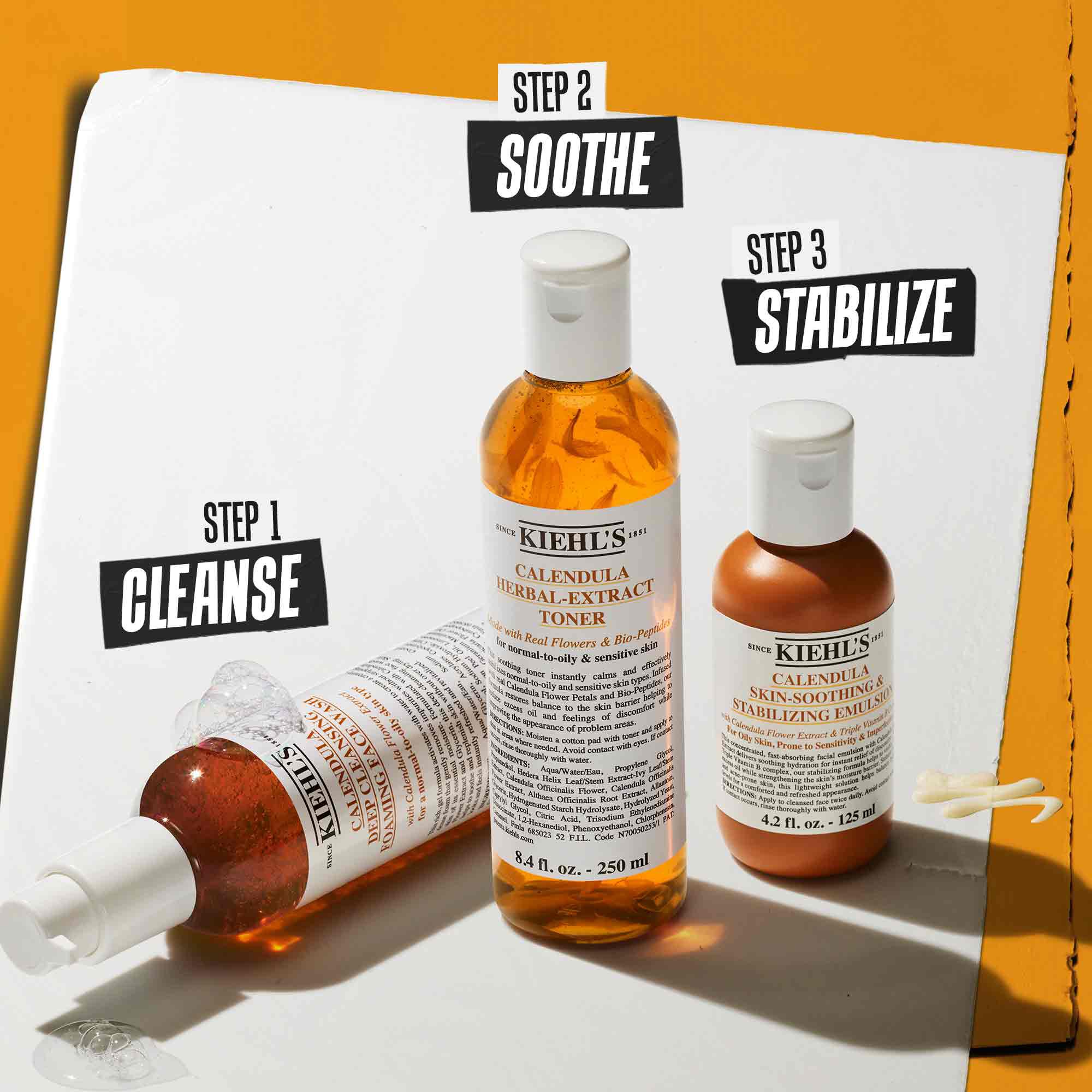Een routine in drie stappen met Kiehl's producten. Stap 1: Calendula Deep Cleansing Foaming Wash. Stap 2: Calendula Herbal-Extract Toner. Stap 3: Calendula Skin Soothing Stabilizing Emulsion.