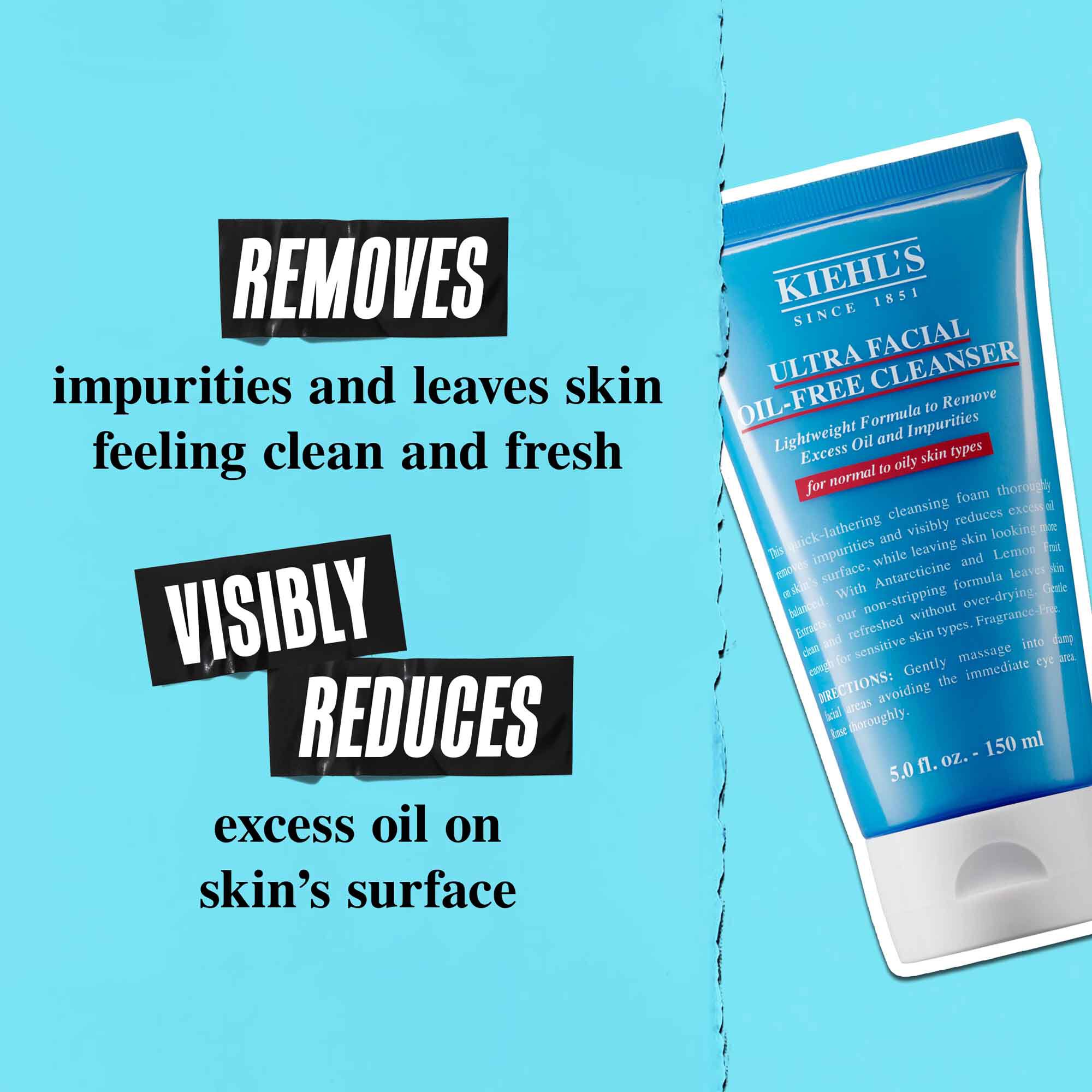 Een tube Ultra Facial Oil-Free Cleanser tegen een blauwe achtergrond met de tekst "Verwijdert olie en laat de huid zichtbaar minder overtollige olie op het huidoppervlak zien."