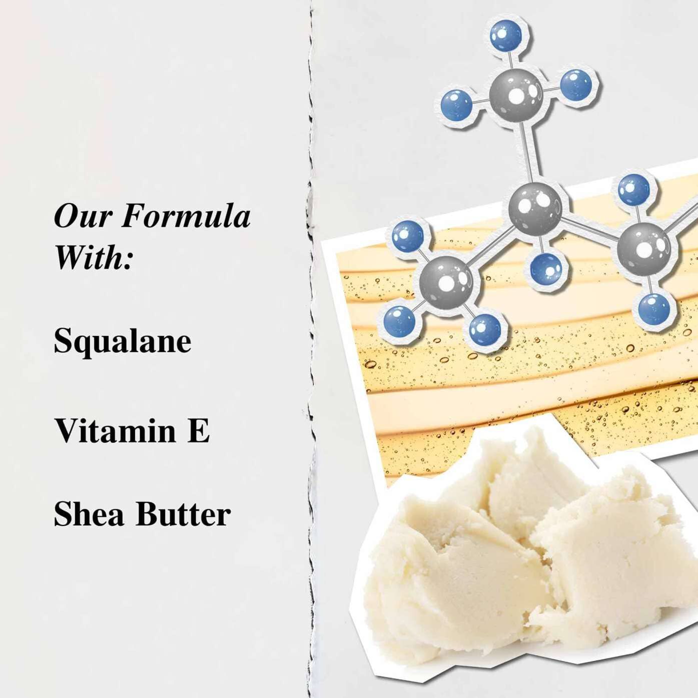 Een grafiek die de belangrijkste ingredienten van Lip Balm #1 benadrukt: sheaboter, squalaan en vitamine E.