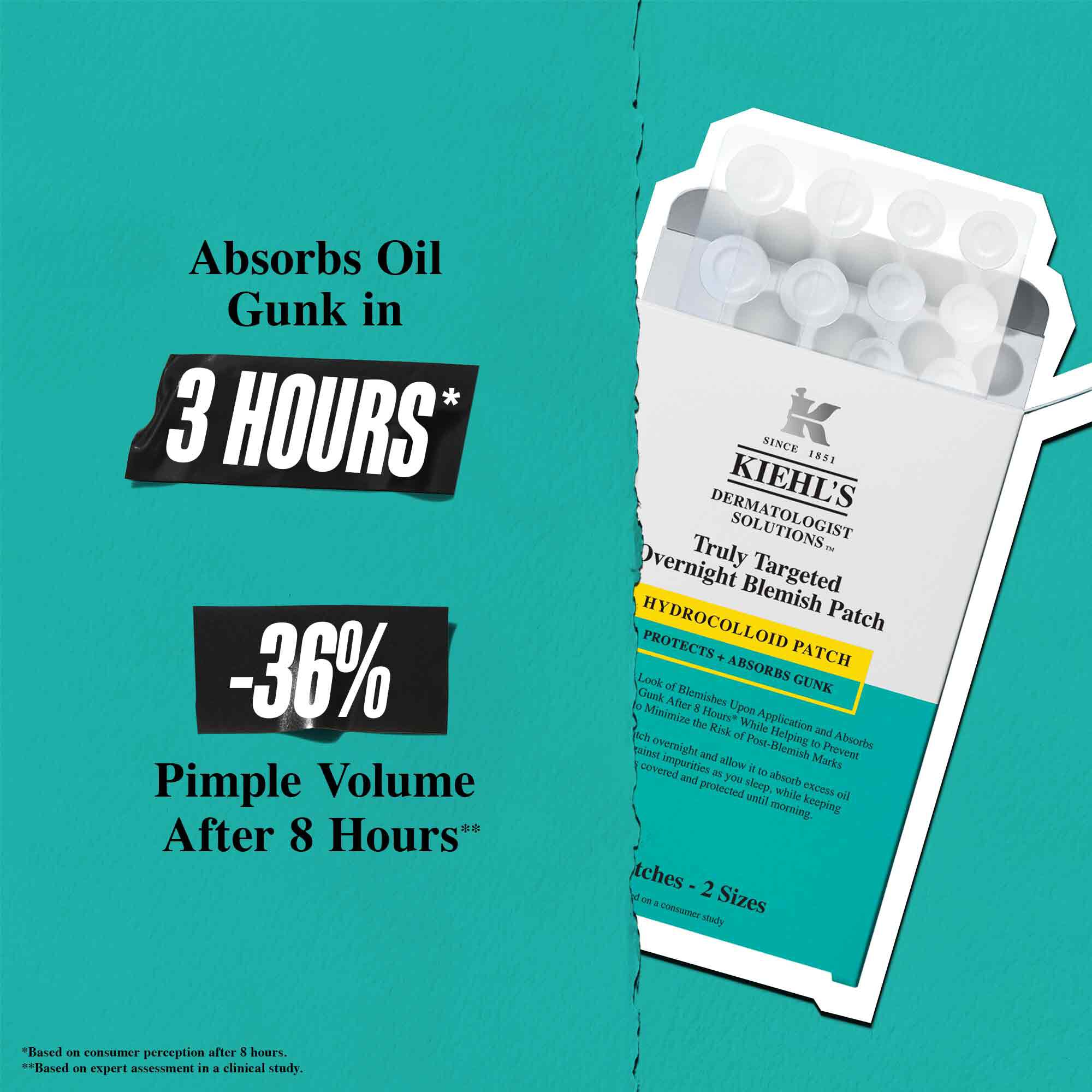 Kiehl's Truly Targeted Overnight Blemish Patch, highlighting its ability to absorb oil in 3 hours and reduce pimple volume by 36% after 8 hours.