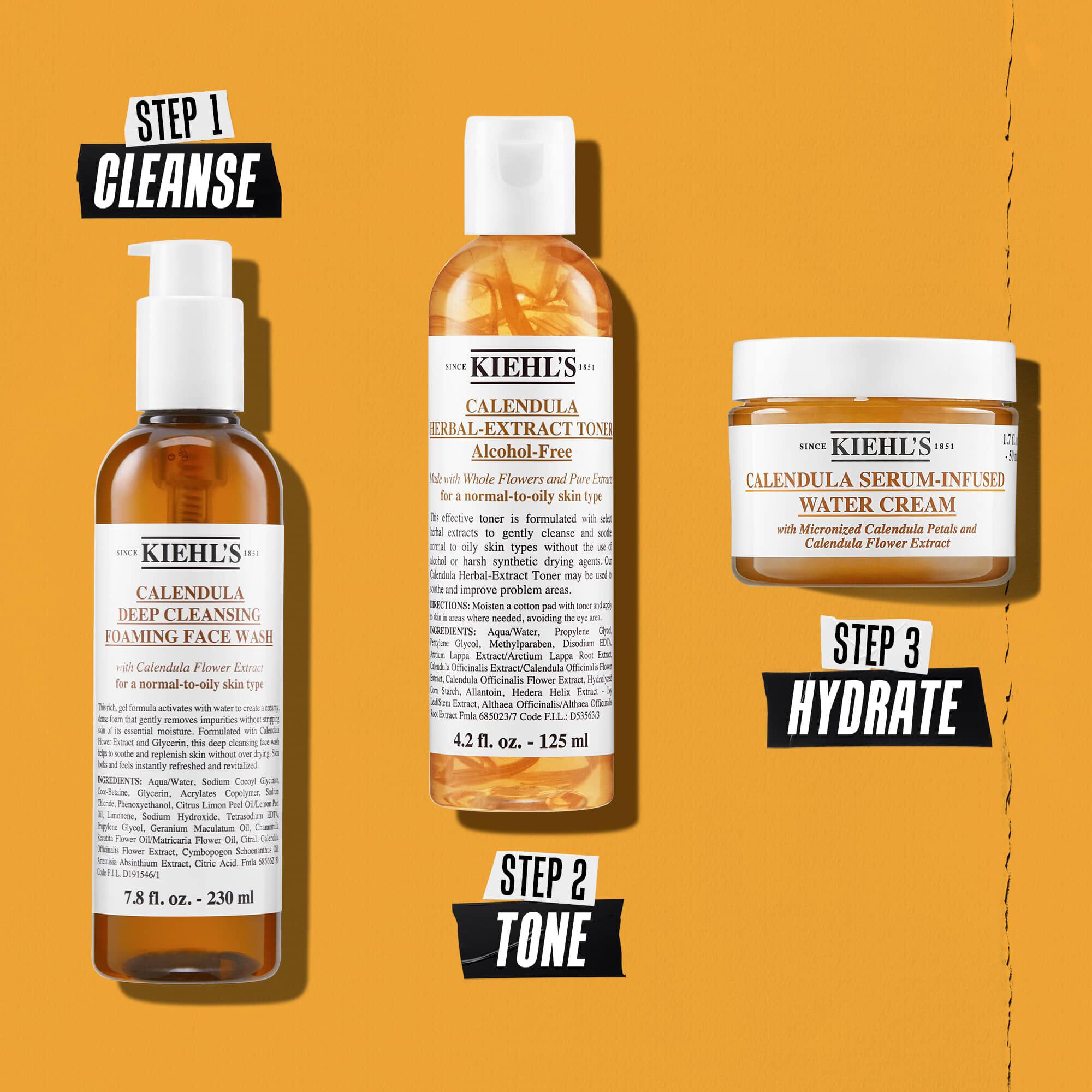Illustratie van de Kiehl's Calendula Foaming Face Wash-routine - Reinigen, Tonifieren, Hydrateren