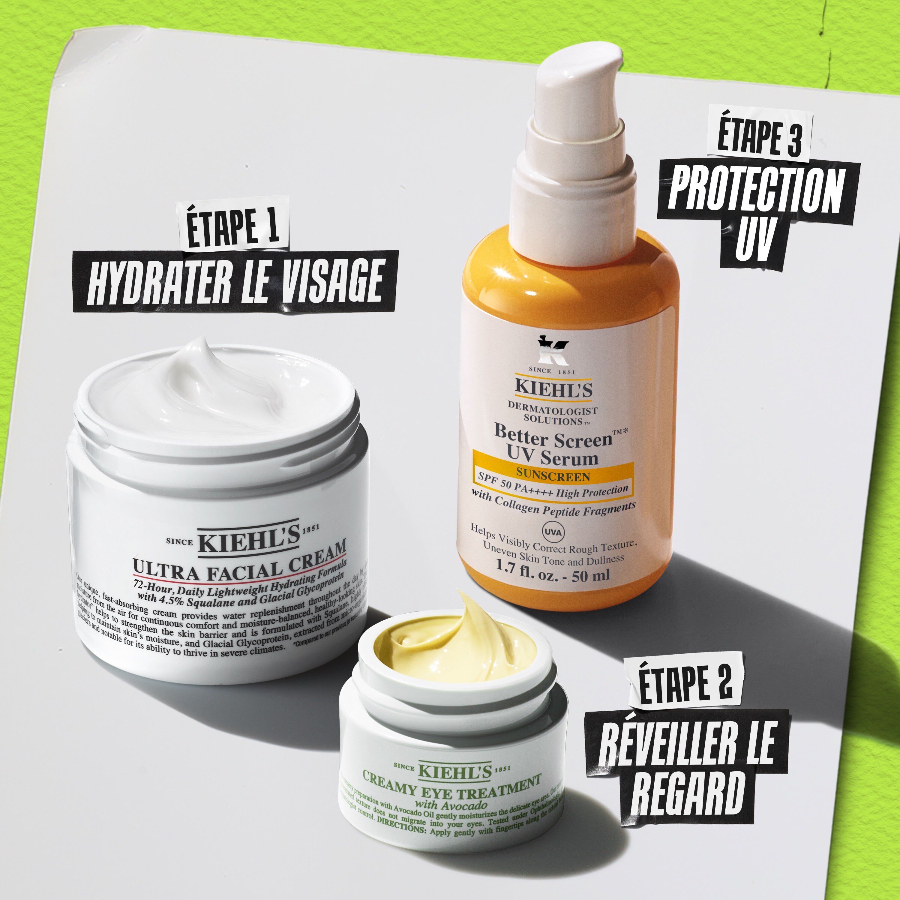 Routine Soin Yeux Avocat Kiehl's - Etape 1 Nettoyer, Etape 2 Traiter, Etape 3 Hydrater