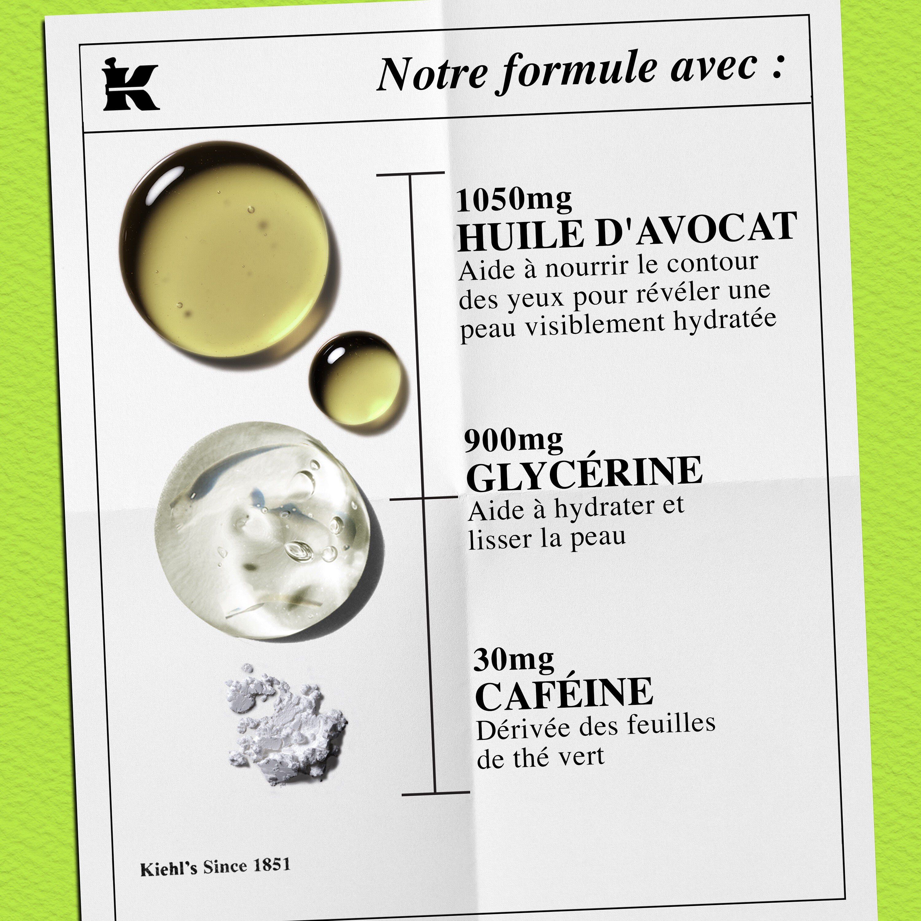 Photo de la texture du produit avec icones - reduit les poches sous les yeux et convient a tous les types de peau