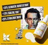 Kiehl's advertentie voor Better Screen UV Serum. De afbeelding toont een gele flacon, witte serumtextuur en een man wiens gezicht wordt geanalyseerd.