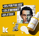 Publicité Kiehl's pour le sérum Better Screen UV. L'image montre un flacon jaune, une texture de sérum blanche et un homme dont le visage est analysé.