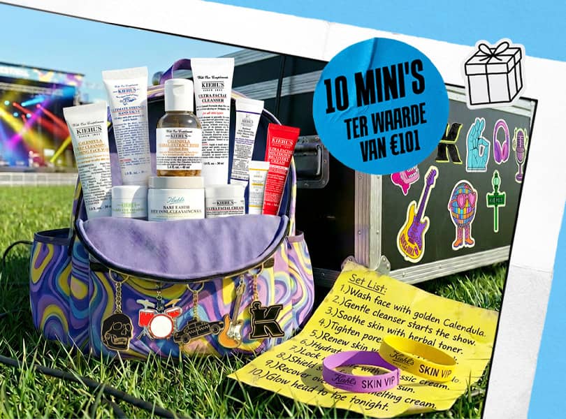Kleurrijke reistas gevuld met 10 Kiehl's mini's in een festivalthema.