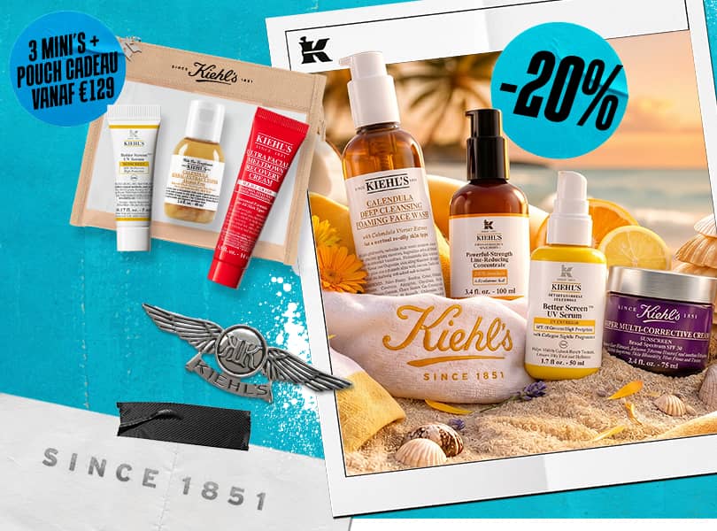 Une bannière promotionnelle estivale Kiehl's intitulée 'Vos Secrets de Beauté pour l'été'.