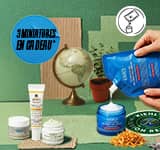 Fond vert avec les produits durables Kiehl's, un logo de recharge, un globe et des arbres. L'image présente le masque Rare Earth, la crème contour des yeux Avocat et une protection UV en cadeau