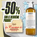 Bannière promotionnelle sur fond beige présentant deux produits Kiehl's, ainsi qu'un polaroïd d'homme et de femme.