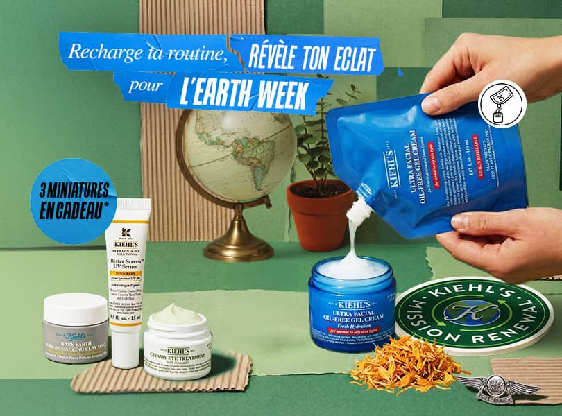 Fond vert avec les produits durables Kiehl's, un logo de recharge, un globe et des arbres. L'image présente le masque Rare Earth, la crème contour des yeux Avocat et une protection UV en cadeau.