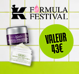 Bannière promotionnelle pour le 'Formula Festival' sur un fond de carreaux blancs à joints vert clair. En haut à gauche figure le logo noir de Kiehl's avec le texte Formula Festival et une icône de goutte rose. Au centre sont présentés deux produits Kiehl's : un pot violet de 'Super Multi-Corrective Cream' et un pot blanc de 'Creamy Eye Treatment with Avocado'. En haut à droite, un cercle vert vif affiche en noir : Valeur 43 € (ou Waarde €43). Le bas de la banner présente une bande unie vert clair.