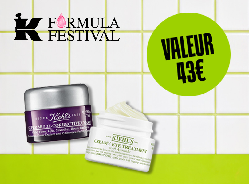 Bannière promotionnelle pour le 'Formula Festival' sur un fond de carreaux blancs à joints vert clair. En haut à gauche figure le logo noir de Kiehl's avec le texte Formula Festival et une icône de goutte rose. Au centre sont présentés deux produits Kiehl's : un pot violet de 'Super Multi-Corrective Cream' et un pot blanc de 'Creamy Eye Treatment with Avocado'. En haut à droite, un cercle vert vif affiche en noir : Valeur 43 € (ou Waarde €43). Le bas de la banner présente une bande unie vert clair.