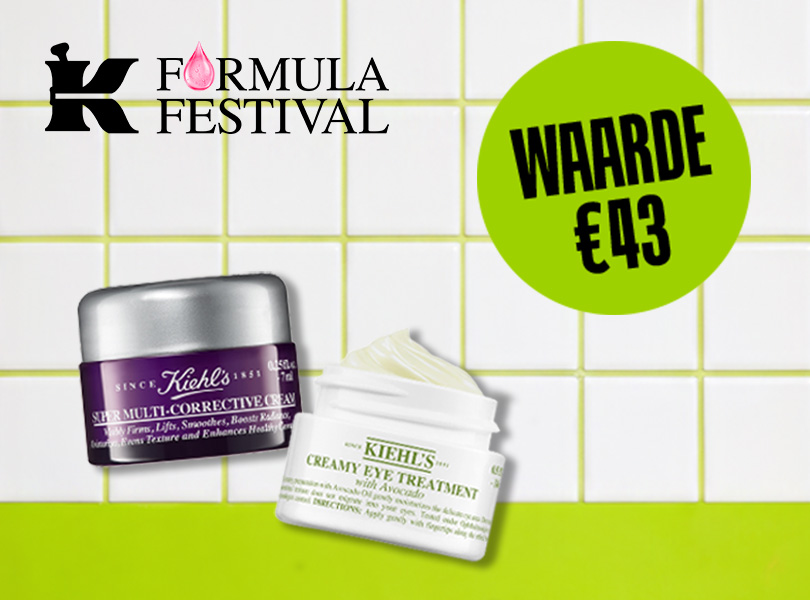 Promotiebanner voor het 'Formula Festival' tegen een achtergrond van witte tegels met lichtgroene voegen. Linksboven staat het zwarte Kiehl's-logo met de tekst Formula Festival en een roze druppel-icoon. Centraal staan twee Kiehl's producten: een paarse pot 'Super Multi-Corrective Cream' en een witte pot 'Creamy Eye Treatment with Avocado'. Rechtsboven bevindt zich een felgroene cirkel met zwarte tekst: Waarde €43. De onderzijde van de banner heeft een effen lichtgroene balk.