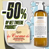 Promotionele banner met beige achtergrond met 2 Kiehl's producten, naast een polaroid met mannen- en vrouwengezicht.